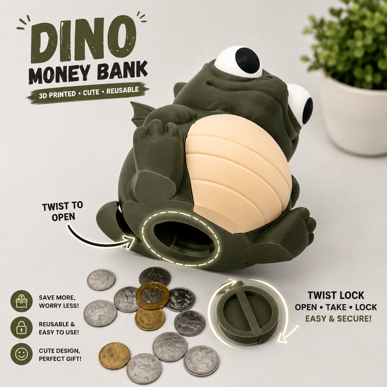 Dino Money Bank | 3D Printed Reusable Coin Bank