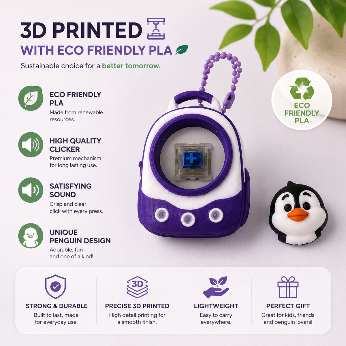 3D Printed Penguin Clicker Keychain | Satisfying Fidget Toy