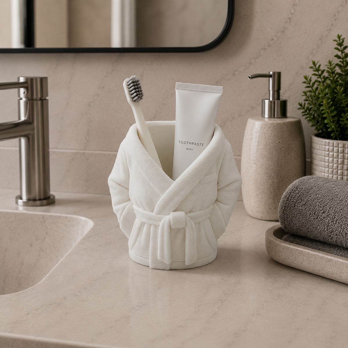 Cozy Bathrobe Toothbrush & Toothpaste Holder | Cute Bathroom Organizer