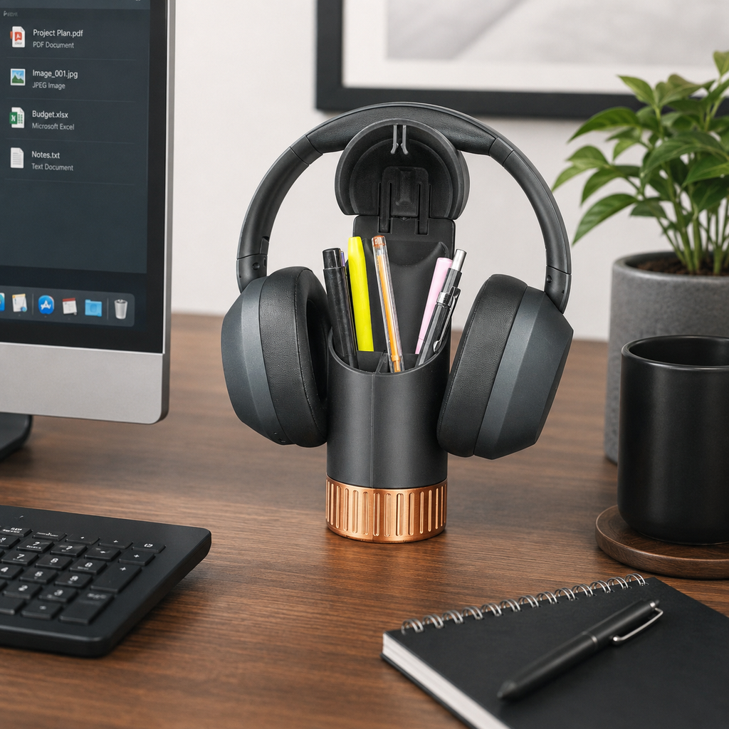Headphone Stand with Pen Holder & Hidden Storage Compartment – Modern Desk Organizer for Office, Gaming & Study Setup