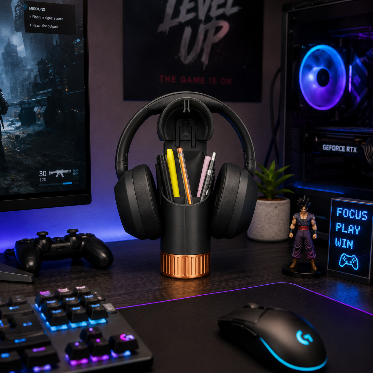 Headphone Stand with Pen Holder & Hidden Storage Compartment – Modern Desk Organizer for Office, Gaming & Study Setup