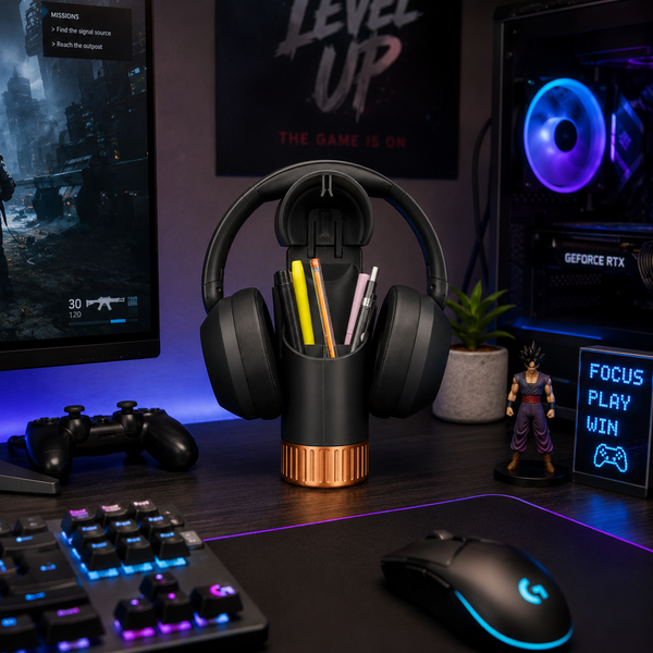 Headphone Stand with Pen Holder & Hidden Storage Compartment