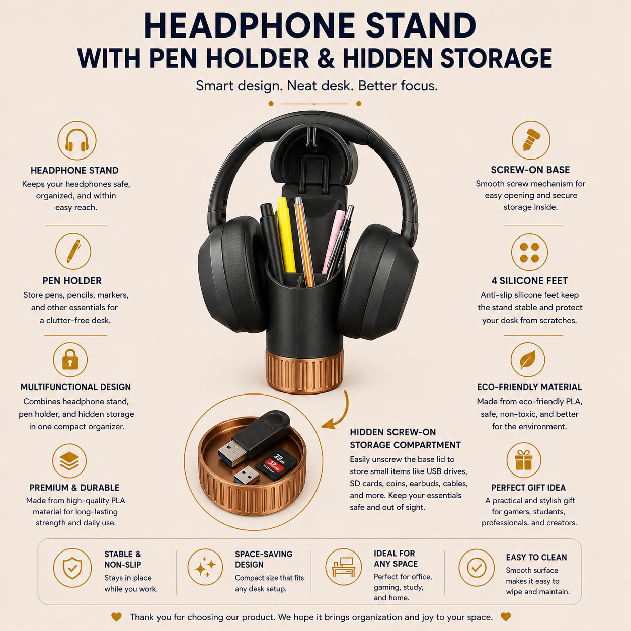 Headphone Stand with Pen Holder & Hidden Storage Compartment – Modern Desk Organizer for Office, Gaming & Study Setup