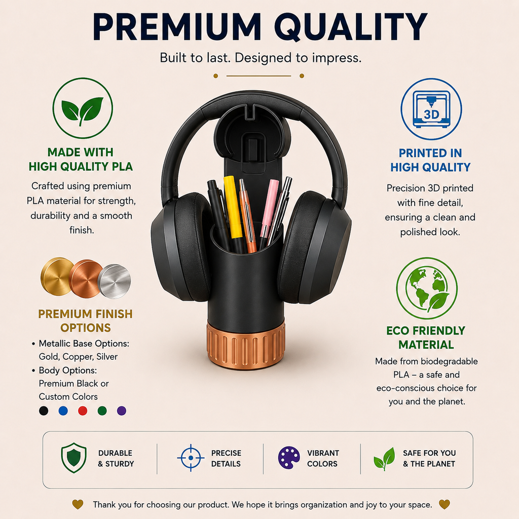 Headphone Stand with Pen Holder & Hidden Storage Compartment – Modern Desk Organizer for Office, Gaming & Study Setup