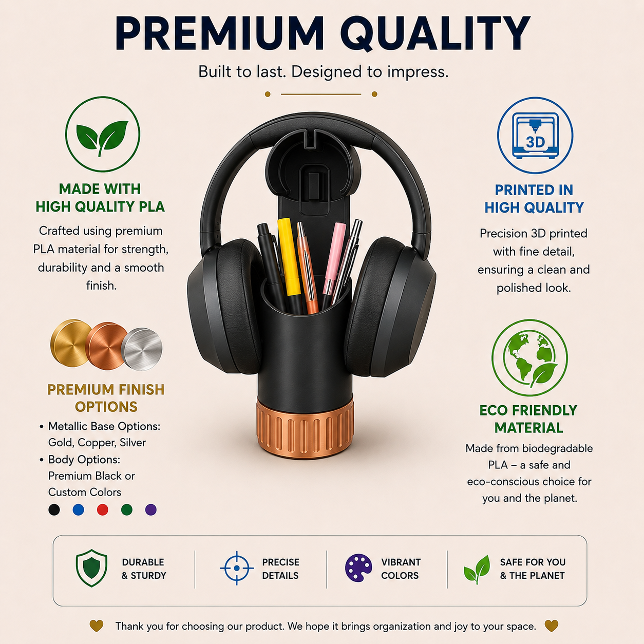 Headphone Stand with Pen Holder & Hidden Storage Compartment – Modern Desk Organizer for Office, Gaming & Study Setup