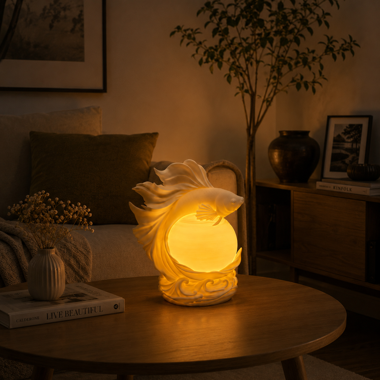 Betta Fish Moon Lamp – 3D Printed LED Night Light | Warm Ambient Bedside Lamp | Modern Home Decor | Unique Gift
