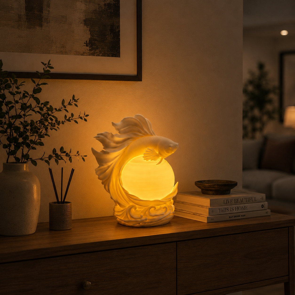 Betta Fish Moon Lamp – 3D Printed LED Night Light | Warm Ambient Bedside Lamp | Modern Home Decor | Unique Gift