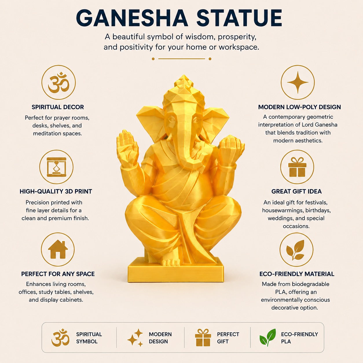 Low Poly Ganesha Statue | Modern Geometric Lord Ganesha Decor | 3D Printed Spiritual Home & Office Decoration